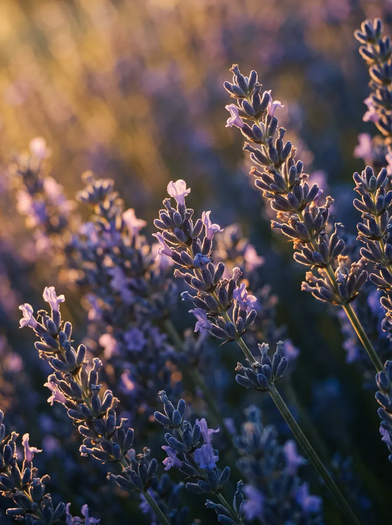 Backlit Lavender Spikes With Violet Shadows at Dusk — AI-generated photograph