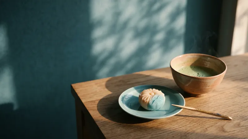 Nerikiri and Matcha Bowl in Amber Light — AI-generated photograph