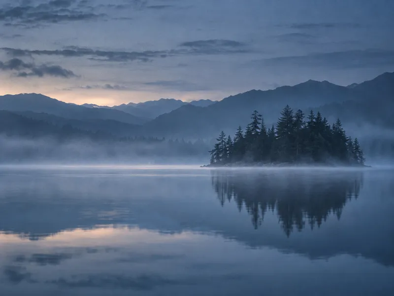 Conifer Island Reflected on a Dawn Lake — AI-generated photograph