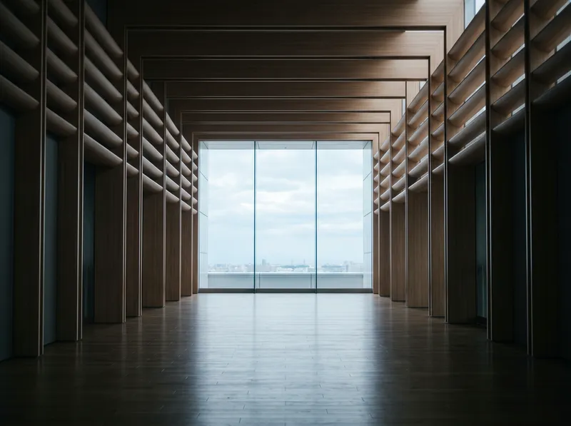 Empty Timber Concourse Toward a Glazed Wall — AI-generated photograph
