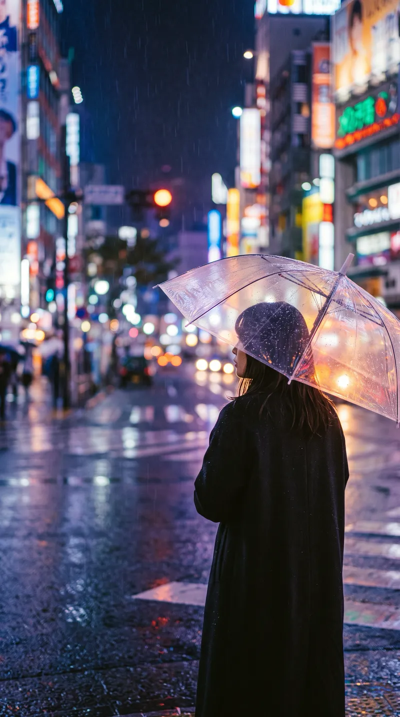 Umbrella Figure from Behind in Neon Rain — AI-generated photograph
