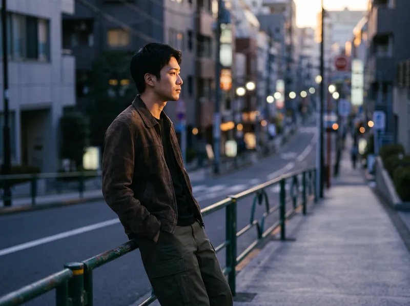 Young Man Leaning on a Guardrail at Dusk — AI-generated photograph