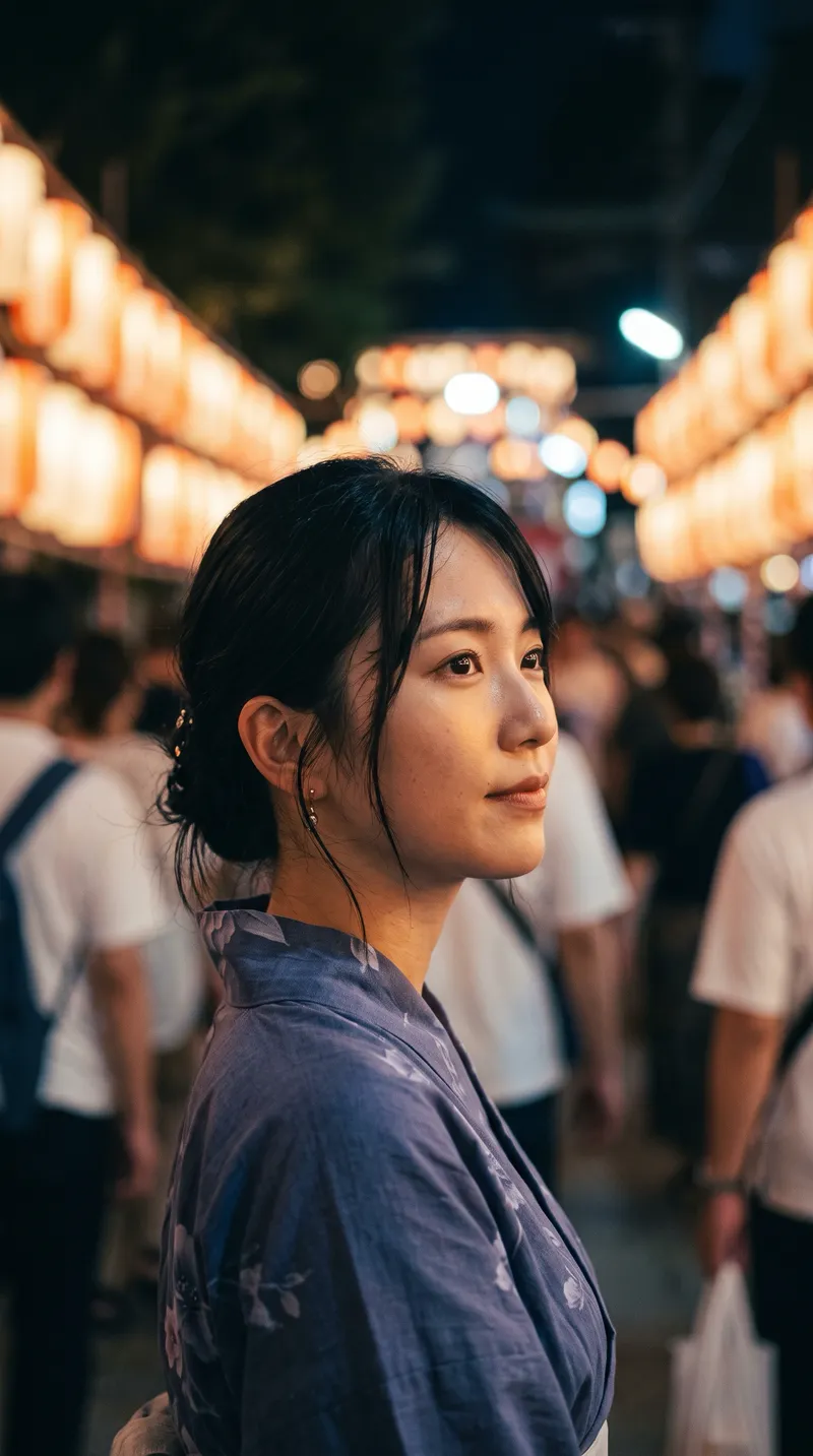 Young Woman in a Yukata on a Festival Lane at Night — AI-generated photograph