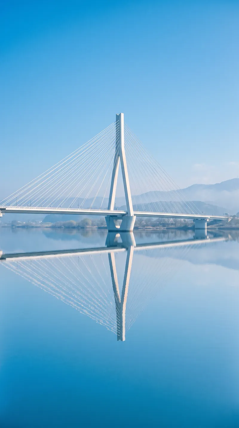 Cable-Stayed Bridge Mirrored in a Still River — AI-generated photograph