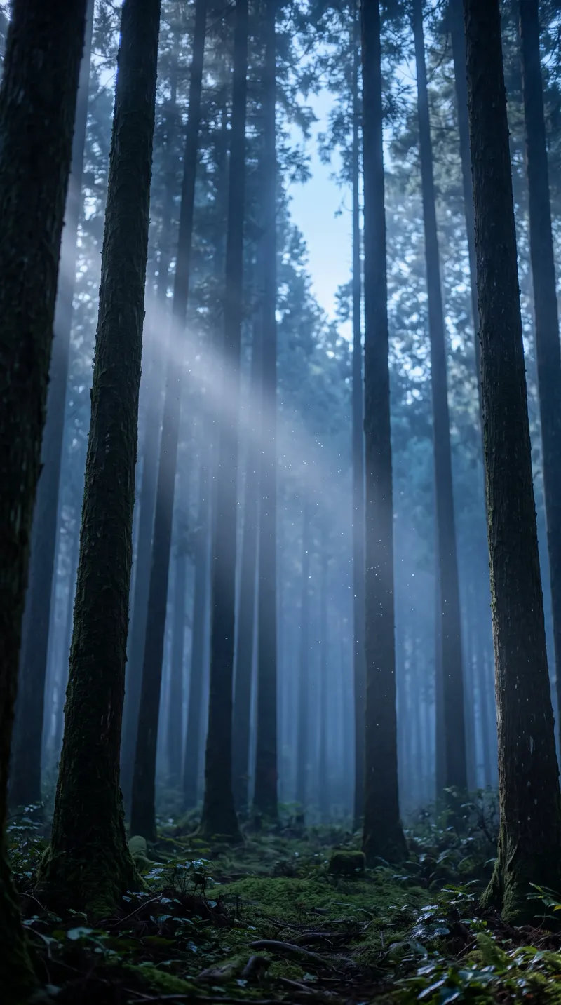Morning Light Shaft Through a Blue Cedar Forest — AI-generated photograph