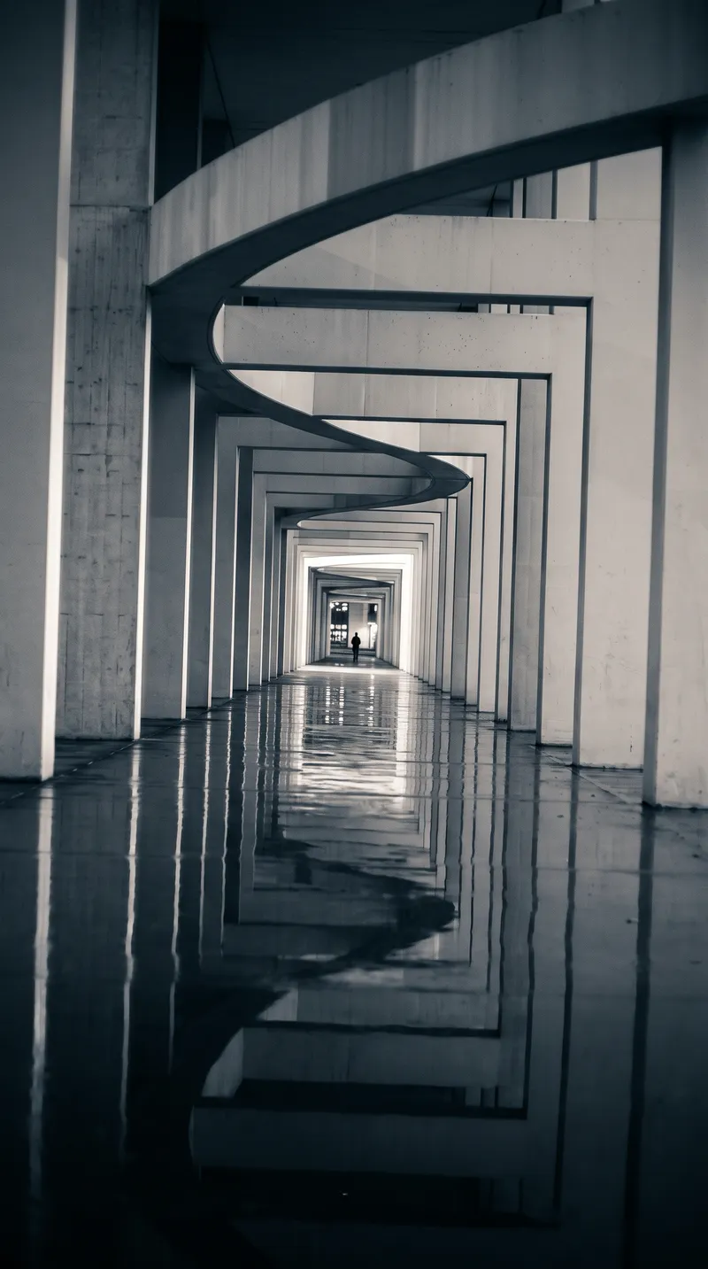 Lone Figure on a Wet Colonnade Walkway — AI-generated photograph