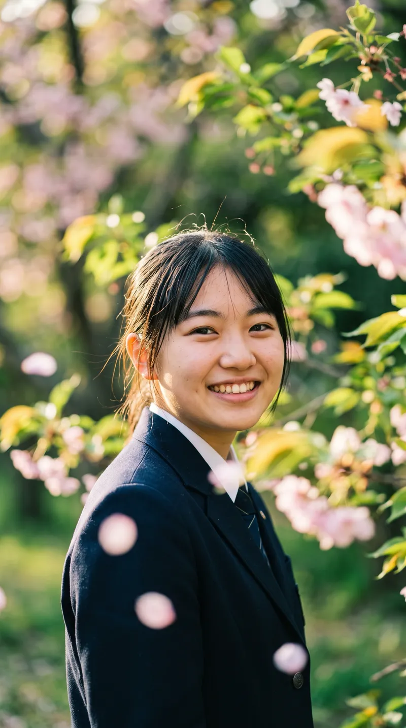 Schoolgirl Smiling in Dappled Spring Light — AI-generated photograph