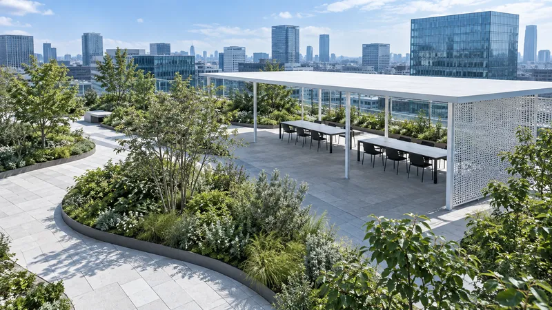 Paths and Worktables on an Office Rooftop — AI-generated photograph