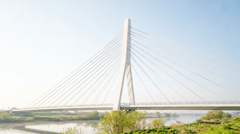 White Cable-Stayed Bridge Under a Pale Spring Sky — AI-generated photograph