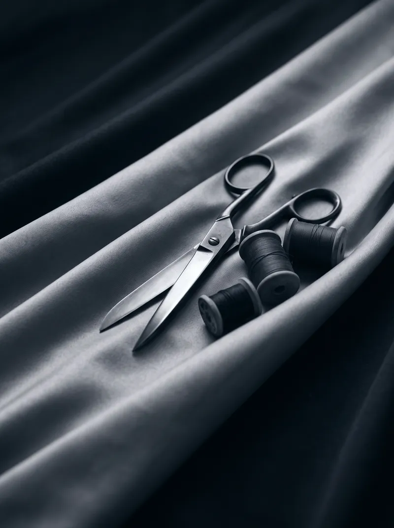 Brass Scissors and Thread Spools on Draped Cloth in Monochrome — AI-generated photograph
