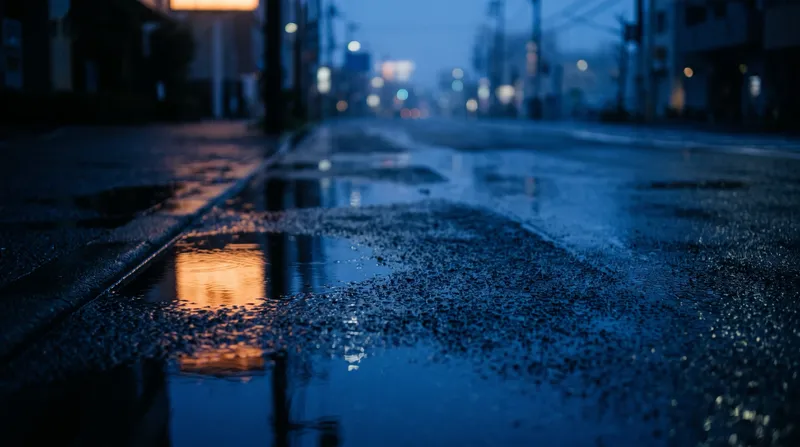 Amber Skyglow Reflected on Wet City Asphalt — AI-generated photograph