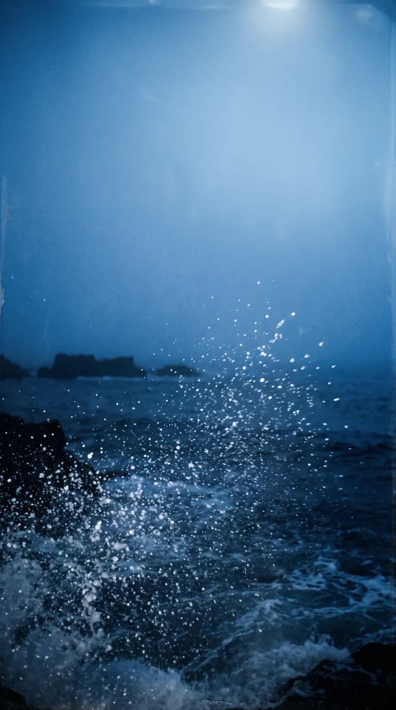 Wind-Blown Sea Spray in Blue Night Mist — AI-generated photograph