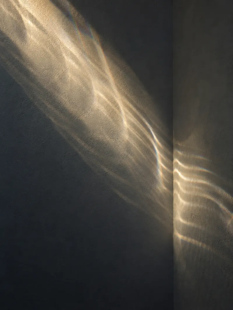 Ribbed Glass Caustics Across a Corner — AI-generated photograph