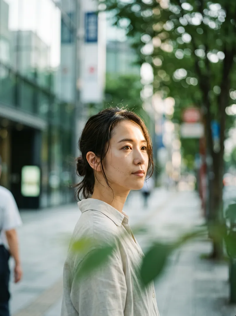 Woman Pausing on a Sunlit City Sidewalk — AI-generated photograph