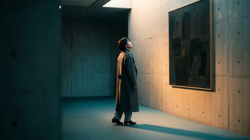 Woman Viewing Art in a Concrete Gallery — AI-generated photograph