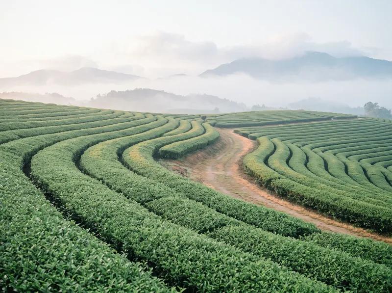 Rolling Green Tea Terraces in Morning Haze — AI-generated photograph