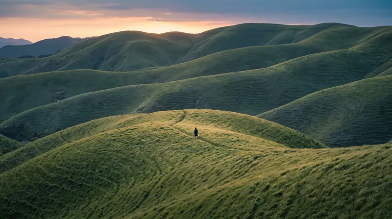 Tiny Student on Spring Grass Ridges at Dusk — AI-generated photograph