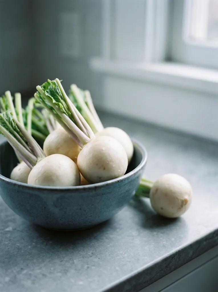 White Turnips in a Blue-Grey Ceramic Bowl — AI-generated photograph