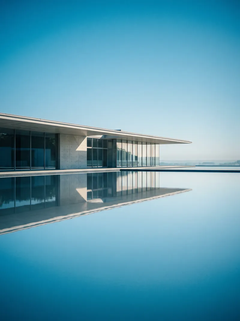 Glass Building Mirrored in a Blue Reflecting Pool — AI-generated photograph