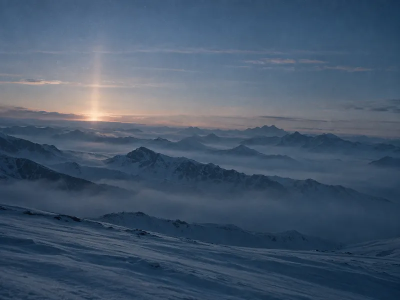 Snowy Ridges Beneath a Pale Light Pillar — AI-generated photograph