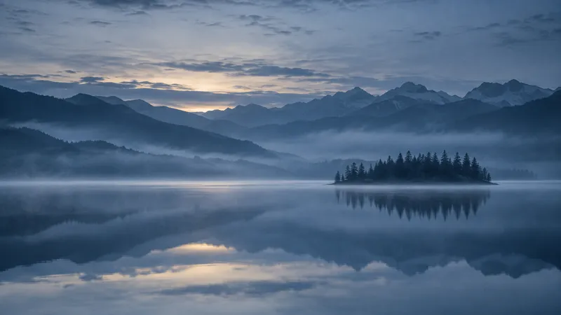 Forested Island Reflected in a Dawn Lake — AI-generated photograph