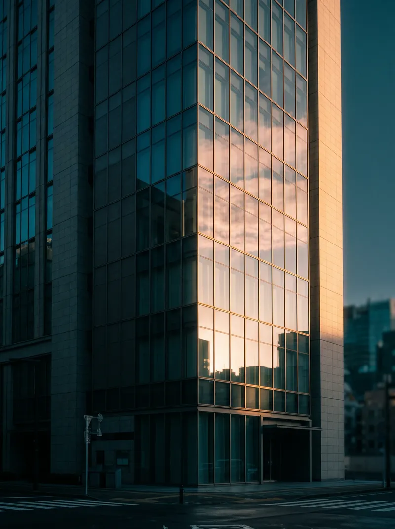 Sunlit Glass Facade Reflecting Dawn Clouds — AI-generated photograph