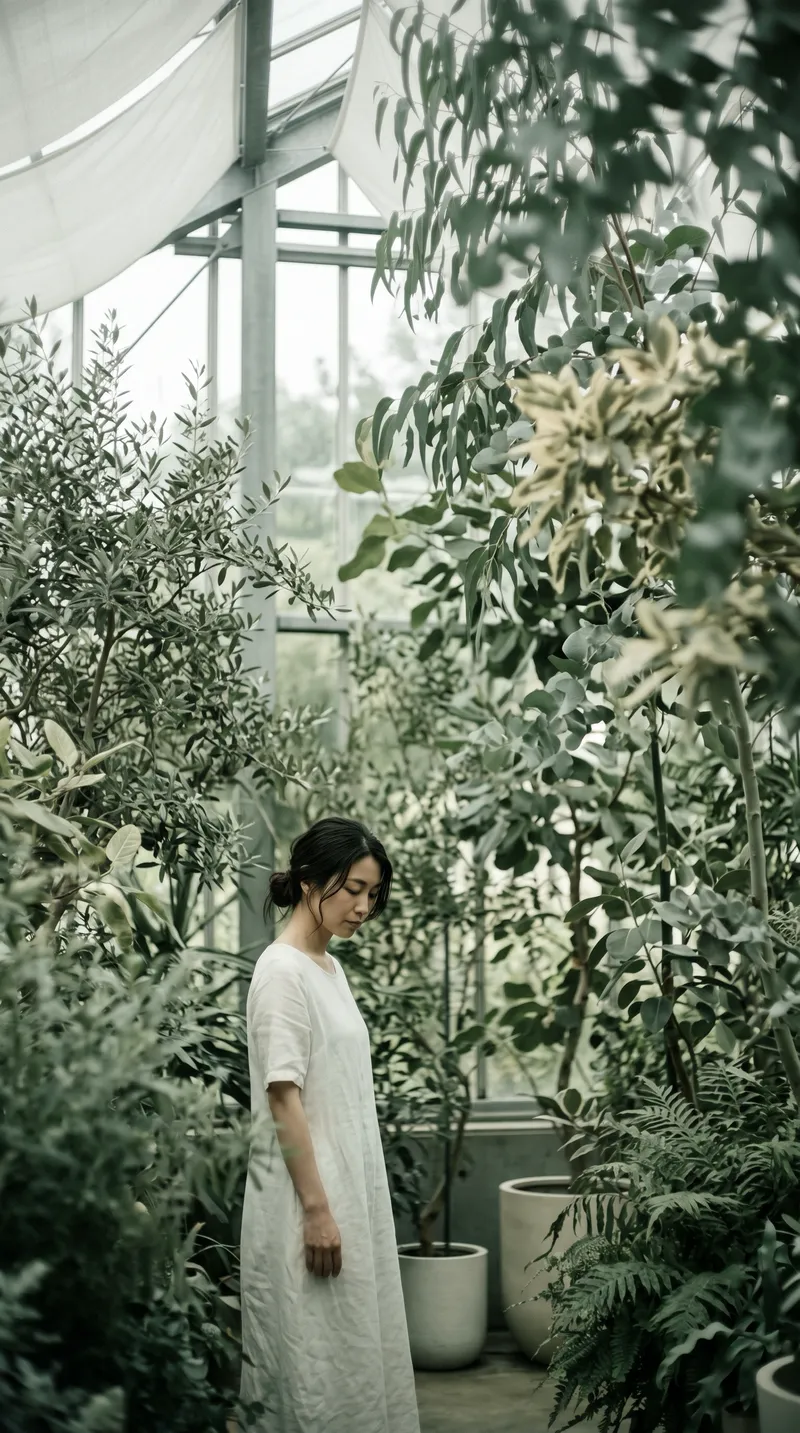 Small Figure Below Tall Greenhouse Foliage — AI-generated photograph
