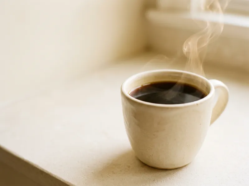 Cream Coffee Mug and Steam in Warm Light — AI-generated photograph