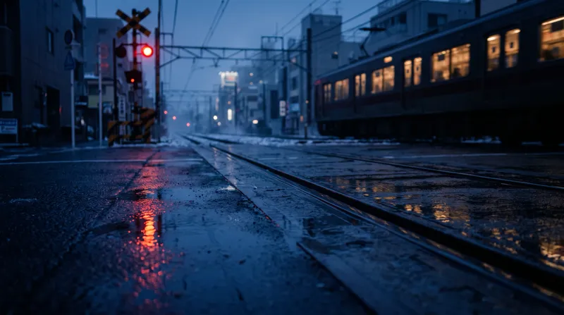Warm Signal Light on a Wet Railway Crossing at Dusk — AI-generated photograph
