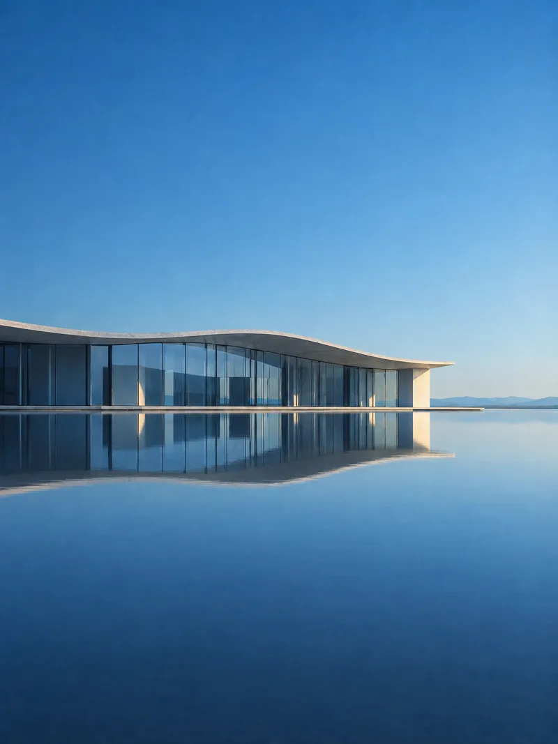 Curved Canopy Above a Reflecting Pool — AI-generated photograph