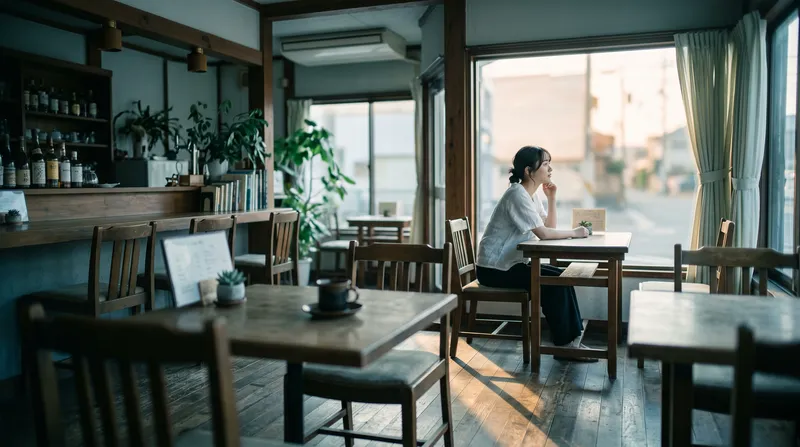 Cafe Interior with a Woman at the Window — AI-generated photograph