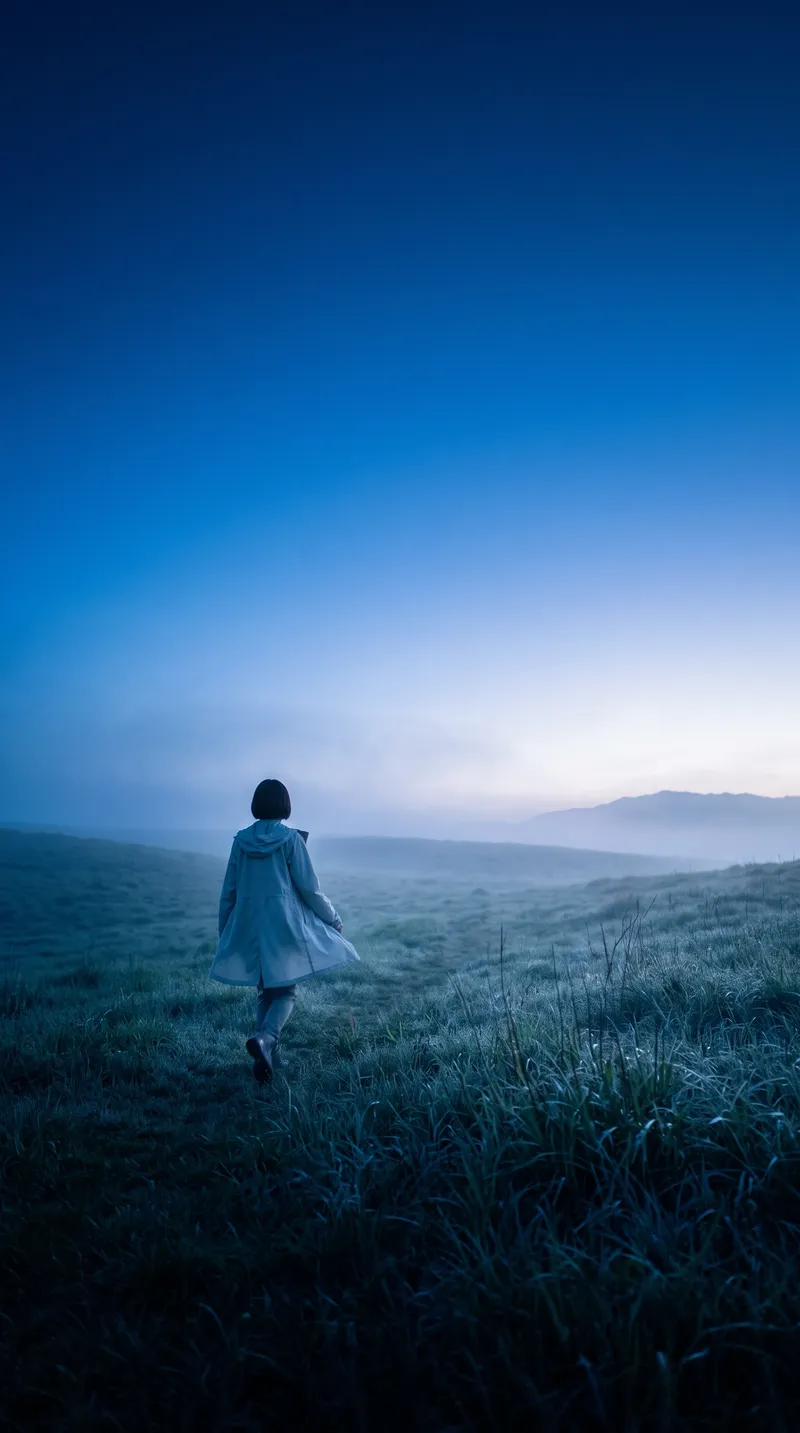 Hiker Walking Through a Misty Dawn Meadow — AI-generated photograph