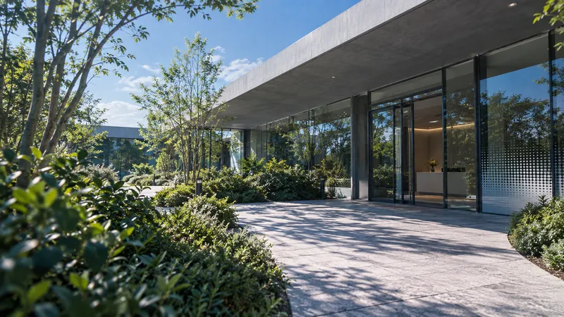 Garden Path Leading to an Office Entrance — AI-generated photograph