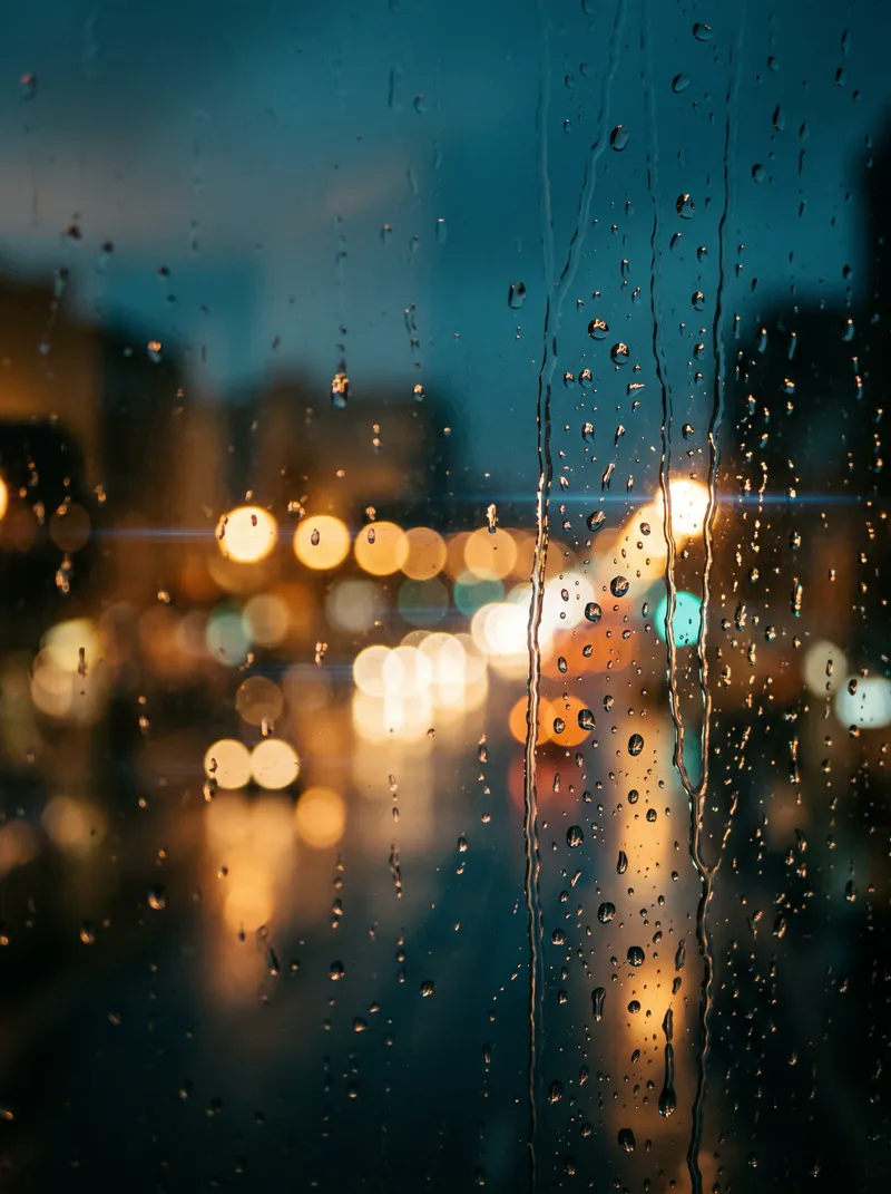 Neon Bokeh Beyond a Rain-Streaked Autumn Window — AI-generated photograph