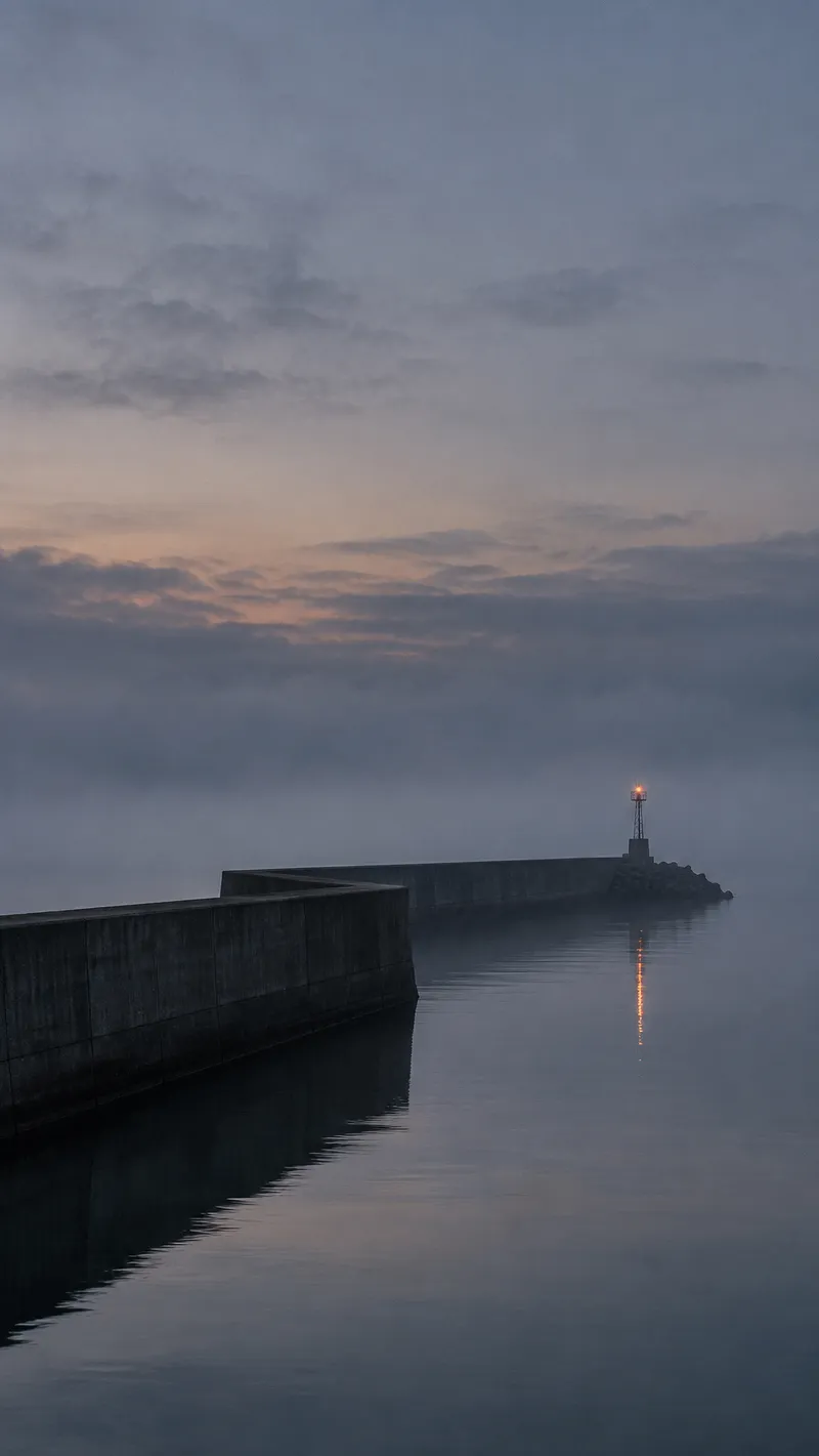 Navigation Beacon Above a Silver Blue Harbor — AI-generated photograph