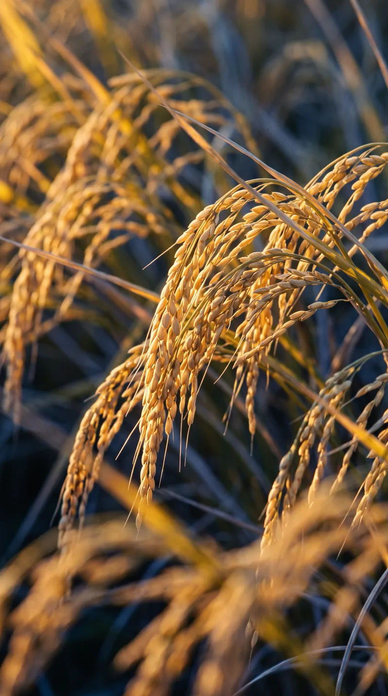 Close-up of Golden Rice Ears at Dusk — AI-generated photograph
