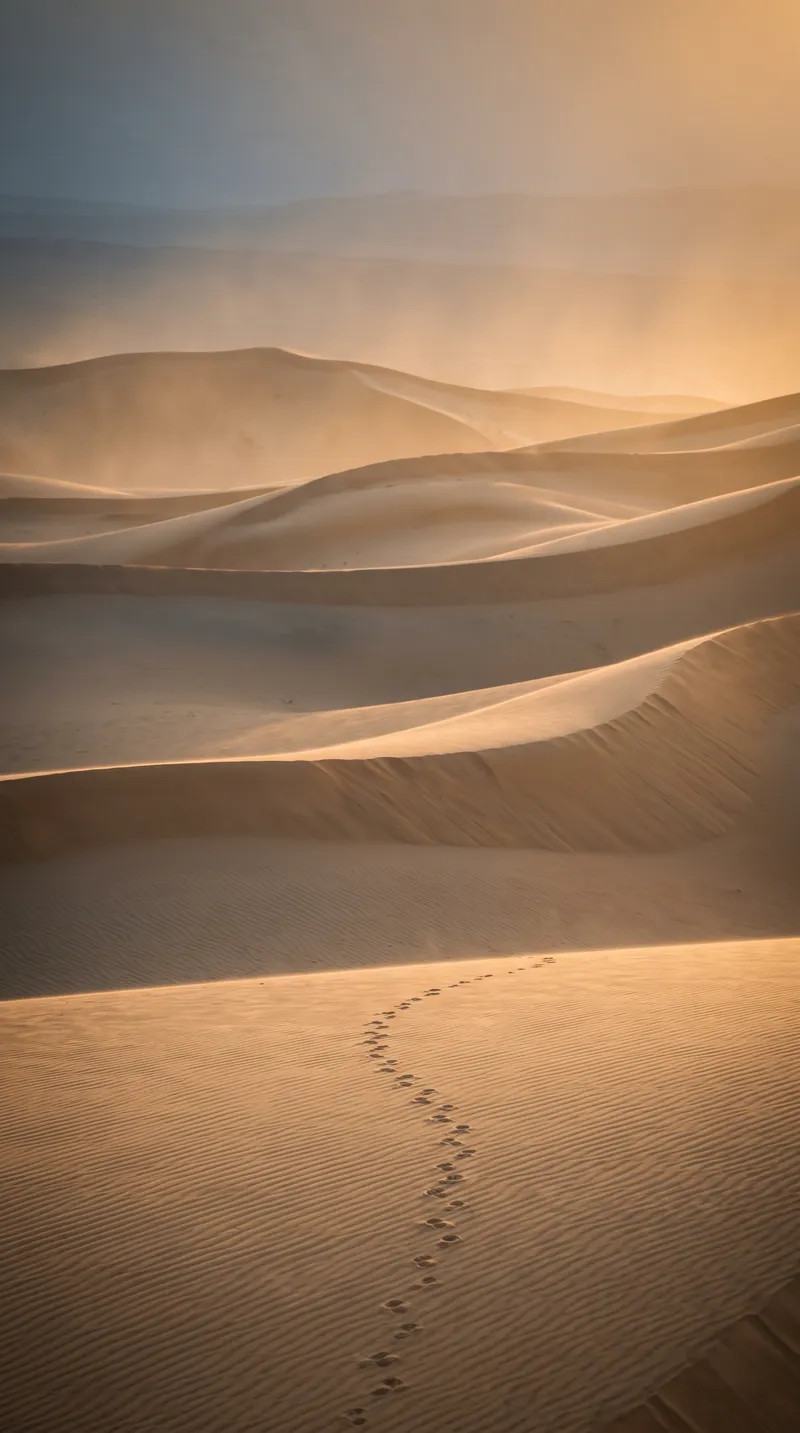 Animal Tracks Across Amber Dune Crests — AI-generated photograph