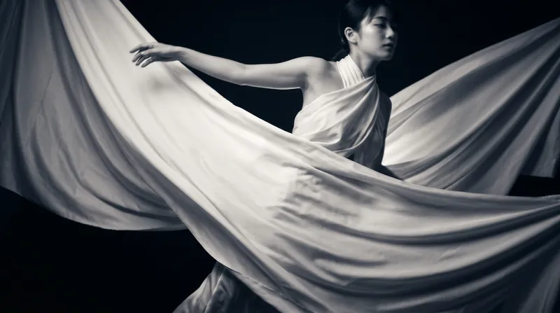 Woman Swirling White Fabric in Monochrome — AI-generated photograph