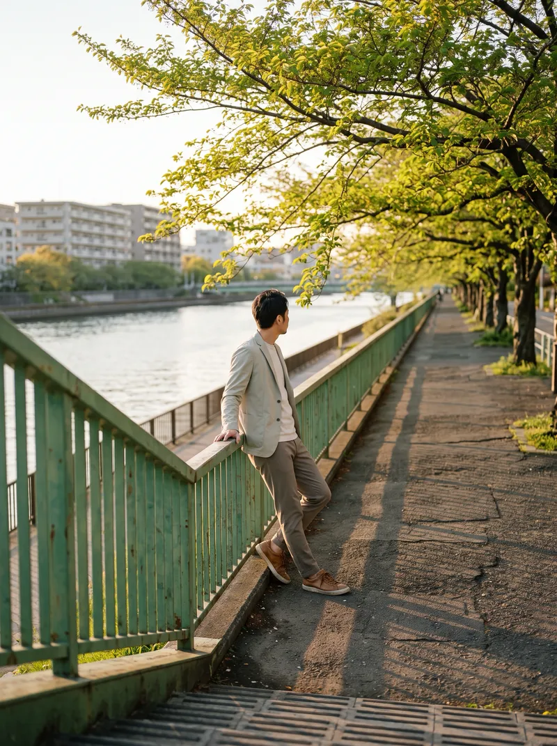 Man by a Riverside Railing Among Young Leaves — AI-generated photograph