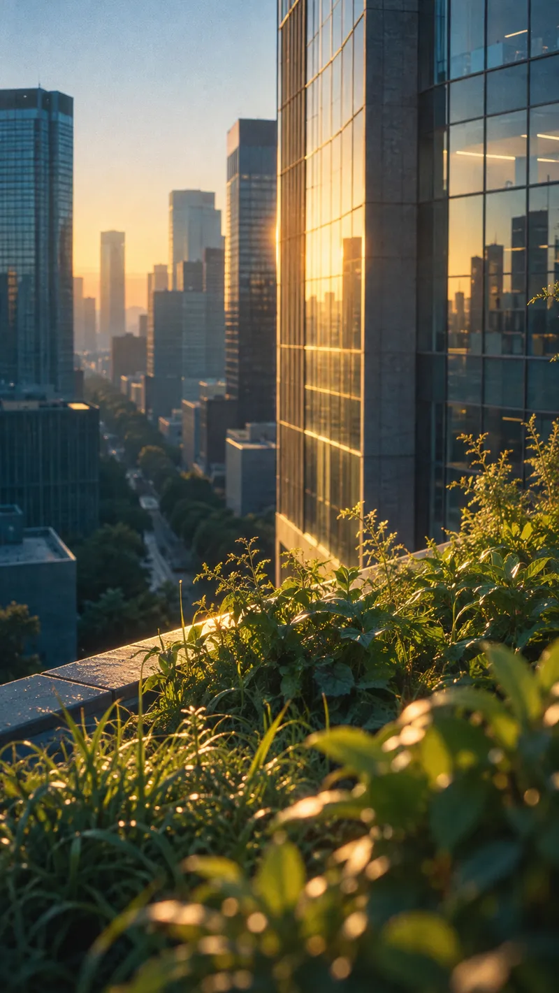 Rooftop Greenery Below Amber Glass Facades — AI-generated photograph