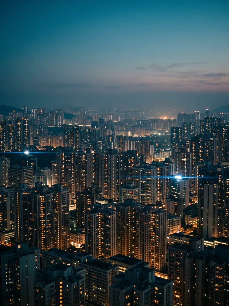 Blue Hour City with Amber Window Lights — AI-generated photograph