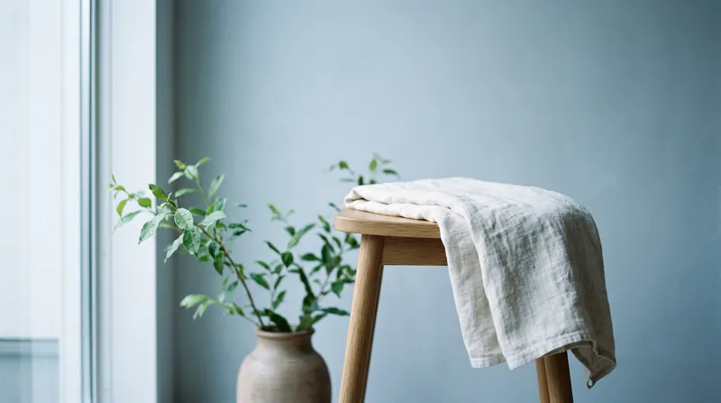 Wooden Stool with Linen Throw by a Window — AI-generated photograph