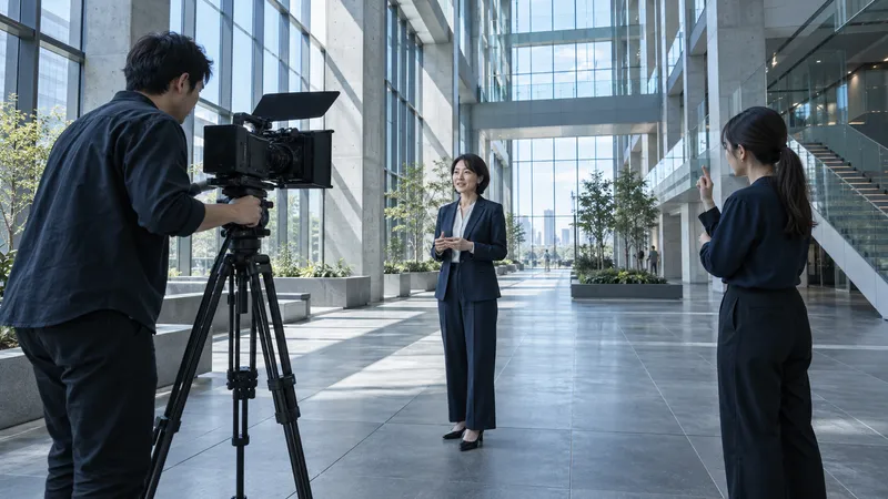 Corporate Media Team Filming in Atrium — AI-generated photograph