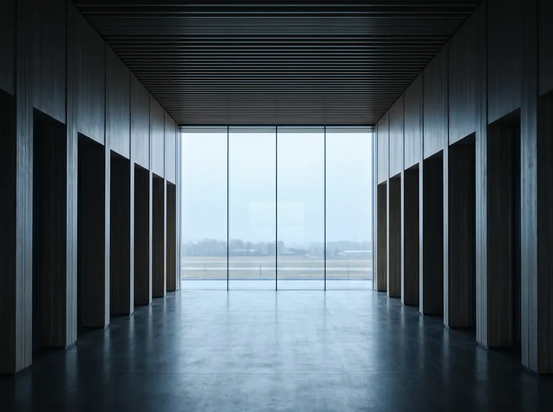 Timber Terminal Concourse Toward a Bright Glazed End — AI-generated photograph