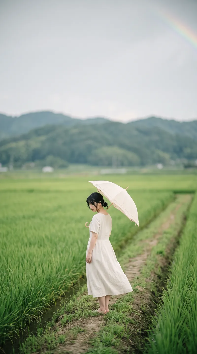 Woman in White Linen on a Summer Paddy Path — AI-generated photograph