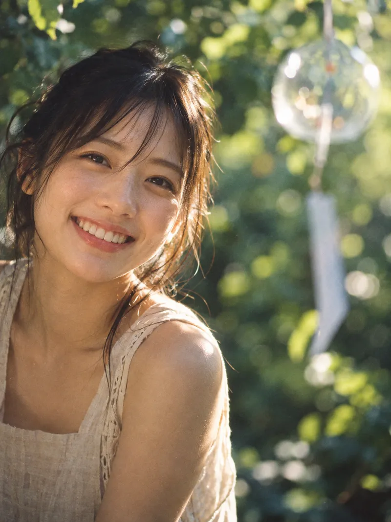 Woman Smiling Beneath Sunlit Green Leaves — AI-generated photograph