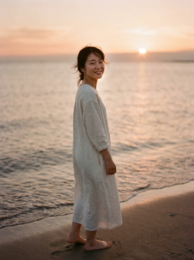Woman in a White Dress on a Sunset Beach — AI-generated photograph