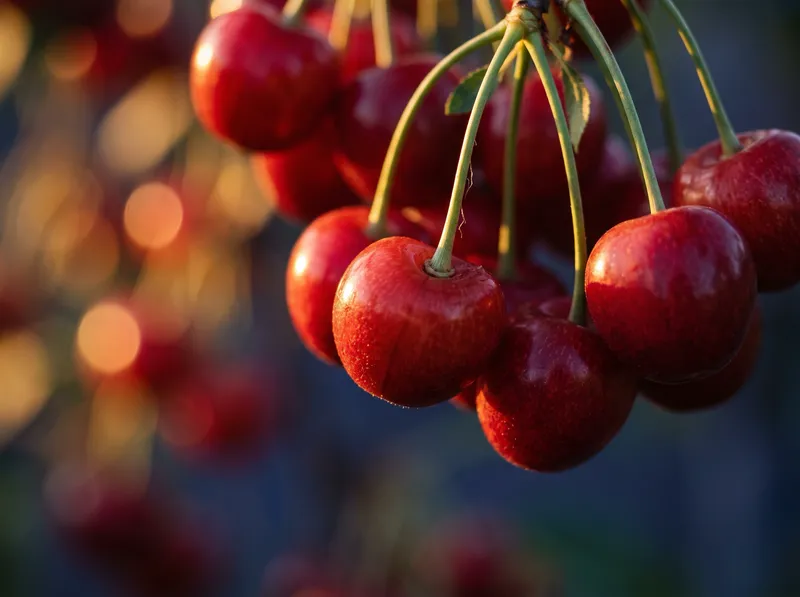 Backlit Cherries on a Stem With Violet Shadows — AI-generated photograph