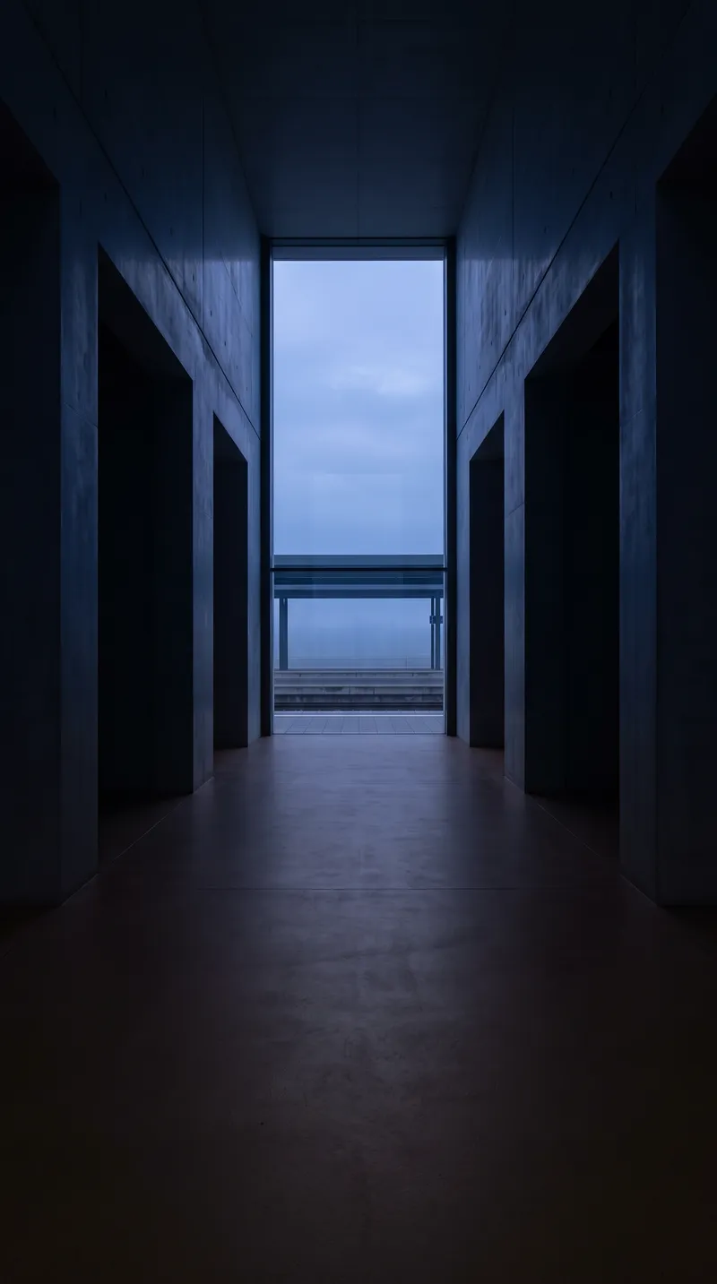 Empty Station Concourse Opening to Dawn Sky — AI-generated photograph