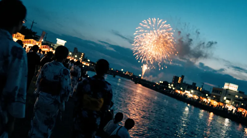 Silhouetted Crowd Before Fireworks Over a River — AI-generated photograph